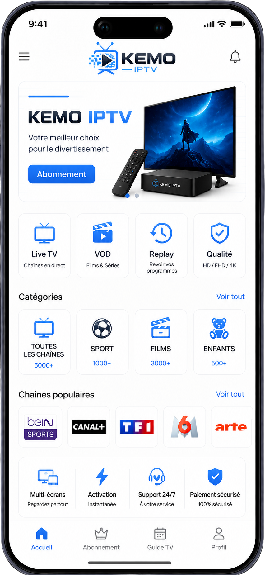 kemo IPTV subscription in the USA with premium live TV, sports, movies and series in 4K UHD. Fast and stable IPTV service compatible with Smart TV, Firestick, Android and iOS.